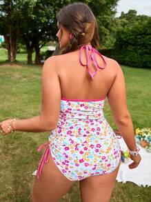 Swim Mod Bộ đồ đi biển in hoa cỡ lớn màu trơn có dây rút buộc cổ hở lưng - Nhiều màu - Xem 2