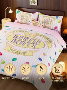 HARRY POTTER X SHEIN 3pcs Bedding Set, Jelly Bean Print Pattern, Pink Duvet Cover, Comfortable Soft Warm Washable, Suitable For Twin/Full/Queen/King Size Bed, Dorm/Home,Christmas