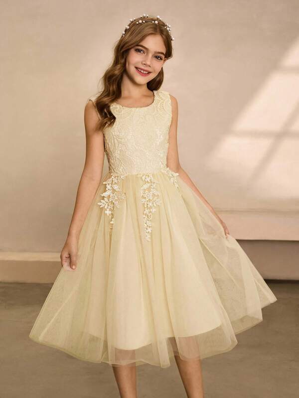 优雅的婚礼花童礼服，刺绣网眼背心舞会公主裙，适合少女，时尚薄纱蓬松舞会礼服