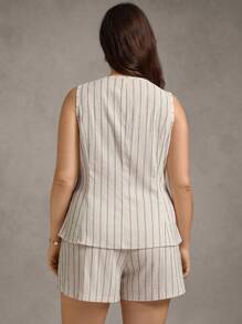Zelara Plus Size Women's Striped Single Breasted Blazer Vest & Shorts Set,Beige,Summer,Smart Casual,Everyday Khaki Casual Lapel Neckline Woven Outerwear Set - Multicolor - View 2
