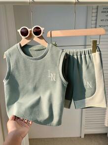SHEIN 2pcs/Set Baby Boys Cute Casual Knit Contrast Color Sleeveless Top And Elastic Waist Shorts Set, Summer Baby Summer Sets Baby Casual Sets Green 2 Piece For Baby Boy Newborn Light Green Outfit Unisex
