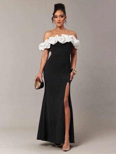 Silquee 女式撞色露肩高开衩连衣裙