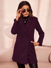 SHEIN Clasi 女士休闲百搭纯色羊毛大衣，秋冬 - 紫色 - 查看 5