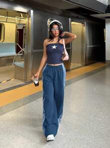 Muchica 女款海军蓝松紧腰侧条纹阔腿宽松休闲裤 - 霧霾藍 - 查看 5