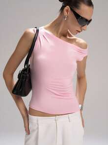 LYSMO Women's Casual Asymmetrical Shoulder Light Pink Blouse, Summer - Baby Pink - View 1