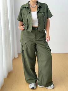 SHEIN CURVE+ 大码夏季休闲纯色前扣短袖上衣和工装裤两件套 - 軍綠色 - 查看 7
