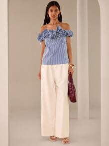 Lilora Women's Fashion Off Shoulder Striped Top With Crystal Chain Decoration, Summer - Blue and White - View 4