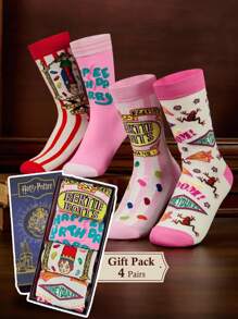 HARRY POTTER X SHEIN 4 Pairs Soft & Breathable Moisture-Wicking Casual Women Crew Socks With Fashionable And Cute Pink Crew Socks Reinforced Toe & Heel For Durability Unisex For Men & Women All Season All-Match,Christmas