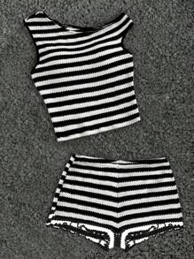 Coolane Kids Tween Girls Soleia 2 件套节日条纹针织不对称肩部修身上衣和超低腰紧身短裤，适合派对、圣诞节、情人节、约会、海滩、游轮、狂欢节、复活节 - 黑與白 - 查看 1