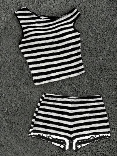 Coolane Kids Conjunto de 2 piezas para niñas preadolescentes "Soleia": top ceñido de hombro asimétrico de punto a rayas y shorts skinny de talle ultra bajo, adecuado para fiestas, Navidad, San Valentín, citas, playa, cruceros, carnavales, Pascua