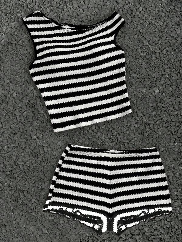 Coolane Kids Conjunto de 2 piezas para niñas preadolescentes "Soleia": top ceñido de hombro asimétrico de punto a rayas y shorts skinny de talle ultra bajo, adecuado para fiestas, Navidad, San Valentín, citas, playa, cruceros, carnavales, Pascua