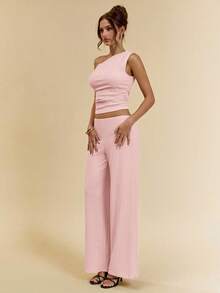 SHEIN BAE 2 chiếc áo len dệt kim bất đối xứng màu cà phê mùa hè cho nữ và quần ống rộng túi dệt kim thoải mái, phù hợp cho các buổi đi chơi thời trang, kỳ nghỉ ở bãi biển, kỳ nghỉ ở Ý, đi chơi, trang phục du ngoạn, trang phục ăn trưa, trang phục Ibiza, bộ mùa hè - Màu Hồng  San hô - Xem 4