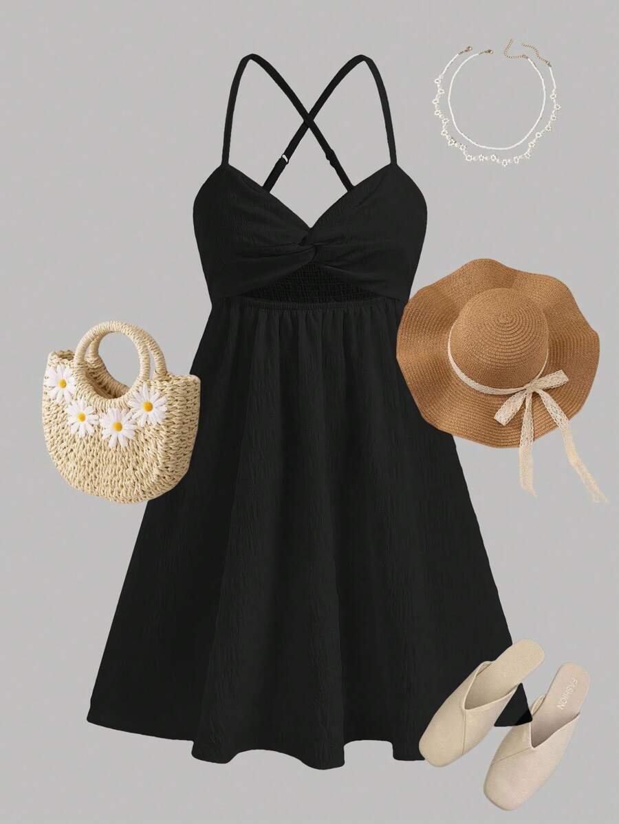 Girlism 少女纹理雪纺褶饰镂空扭纹细肩带无袖 A 字连衣裙，休闲/度假，春夏 - 黑色 - 查看 1