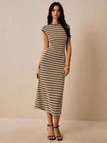 Poéselle Women's Casual Striped Round Neck Dress, Summer - Brown - View 7