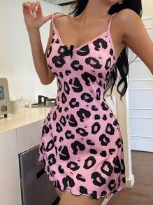 SHEIN 女士豹纹吊带裙，蝴蝶结装饰，V领迷你睡袍 - 粉色 - 查看 4
