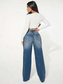 SHEIN SXY Casual Washed Distressed Straight Leg Jeans - Dark Wash - View 3