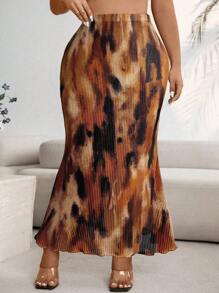 SHEIN CURVE+ Plus Size Fashion Casual Everyday Versatile Slim Fit Women Skirt Animal Print Skirt Plus Size Skirt Brown Maxi Skirt Pleated Skirt Earth Tone Skirt Fall Cloth For Women Cheetah Print Skirt Long Brown Skirt Mermaid Skirt - Coffee Brown - View 1