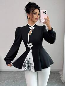 Elenzga 中国风镂空领拼色拼接纽扣装饰碎花面料A字收腰优雅休闲通勤百搭长袖上衣，初秋 - 黑色 - 查看 1