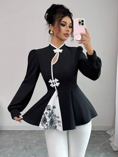 Elenzga 中国风镂空领拼色拼接纽扣装饰碎花面料A字收腰优雅休闲通勤百搭长袖上衣，初秋