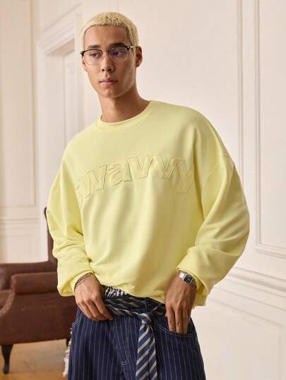 SWAVVY Men's Pullover Long Sleeve Round Neck Applique Embroidered Casual Sweatshirt, For Fall Winter