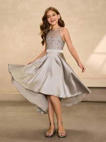 婚礼季女童蕾丝拼接雪纺前短后长高端连衣裙，适合舞会、生日派对、毕业典礼、万圣节的短款礼服 - 灰色 - 查看 5