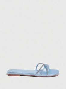 CUCCOO SZL 女士蓝色缎面交叉银色水钻方头舒适平底凉鞋 - 藍色 - 查看 3