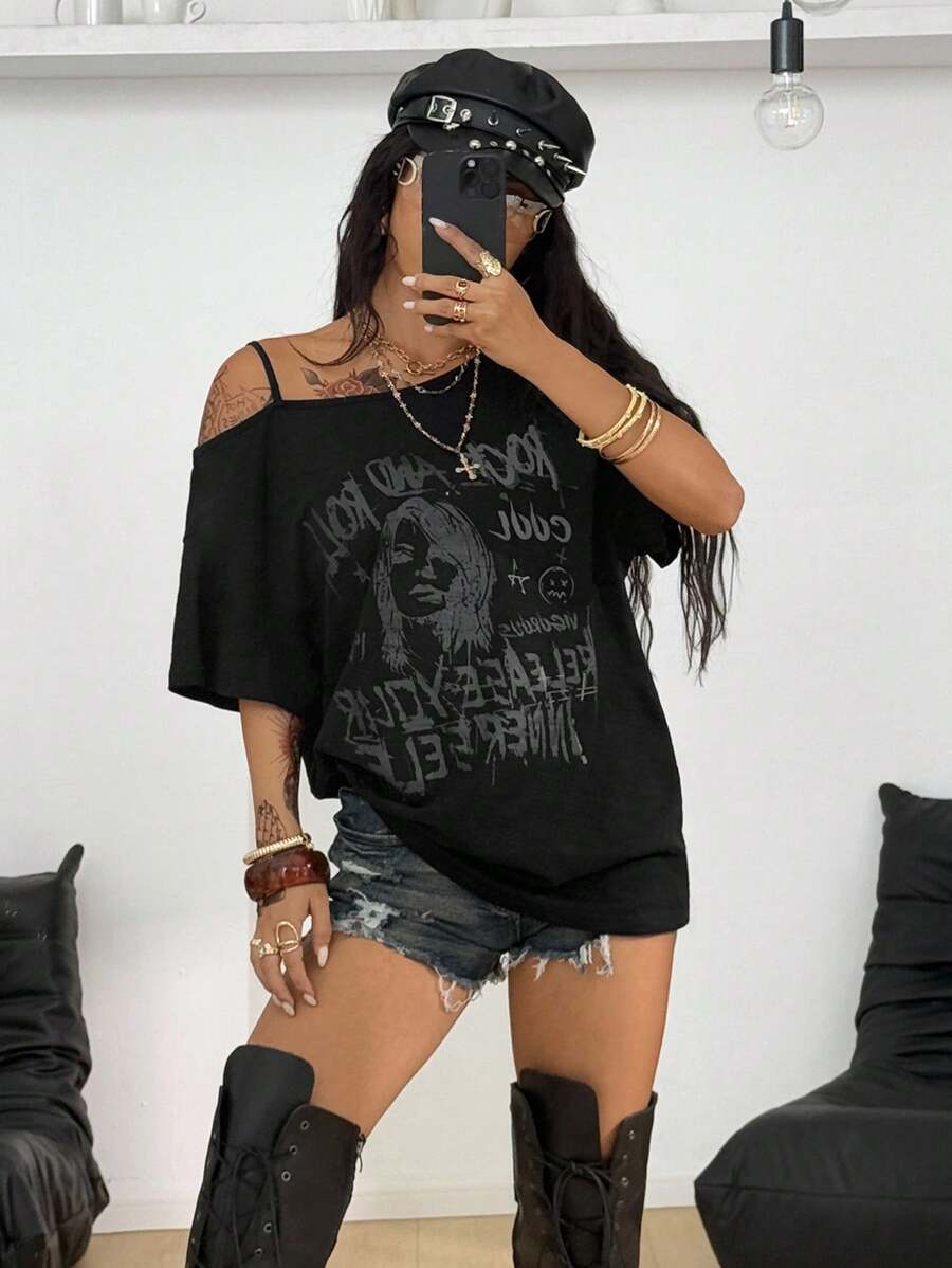 Coolane Camiseta corta de cuello asimétrico en azul marino, holgada y cómoda, con estampado de números y estrella, de estilo vintage de streetwear Y2K hip-hop, para uso diario en verano y festivales de música.