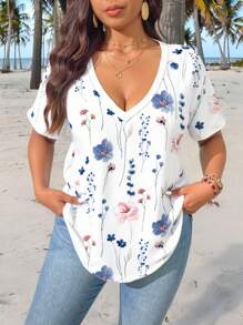 SHEIN Frenchy Camiseta casual de talla grande para mujer con estampado floral retro en azul y blanco, estampado floral sobre unicolor, cuello en V y mangas cortas - Azul y blanco - Ver 8
