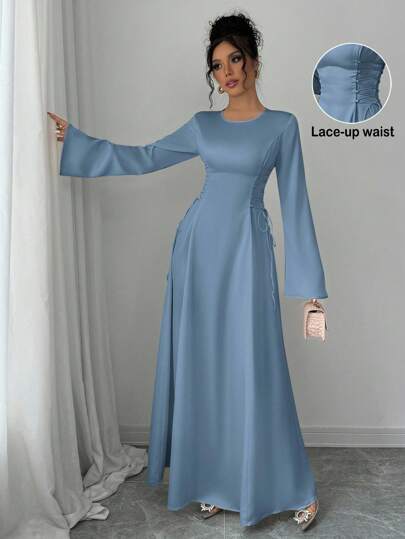 Elenzga Elegant Apricot A-Line Cinched Waist Flare Sleeve Dress Maxi Satin Women Outfit Fall Cloth For Women