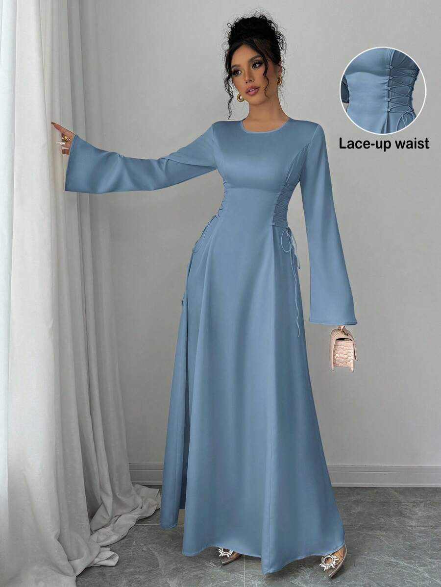 Elenzga 优雅杏色 A 字型束腰喇叭袖连衣裙长款缎面女装 - 藍色 - 查看 1