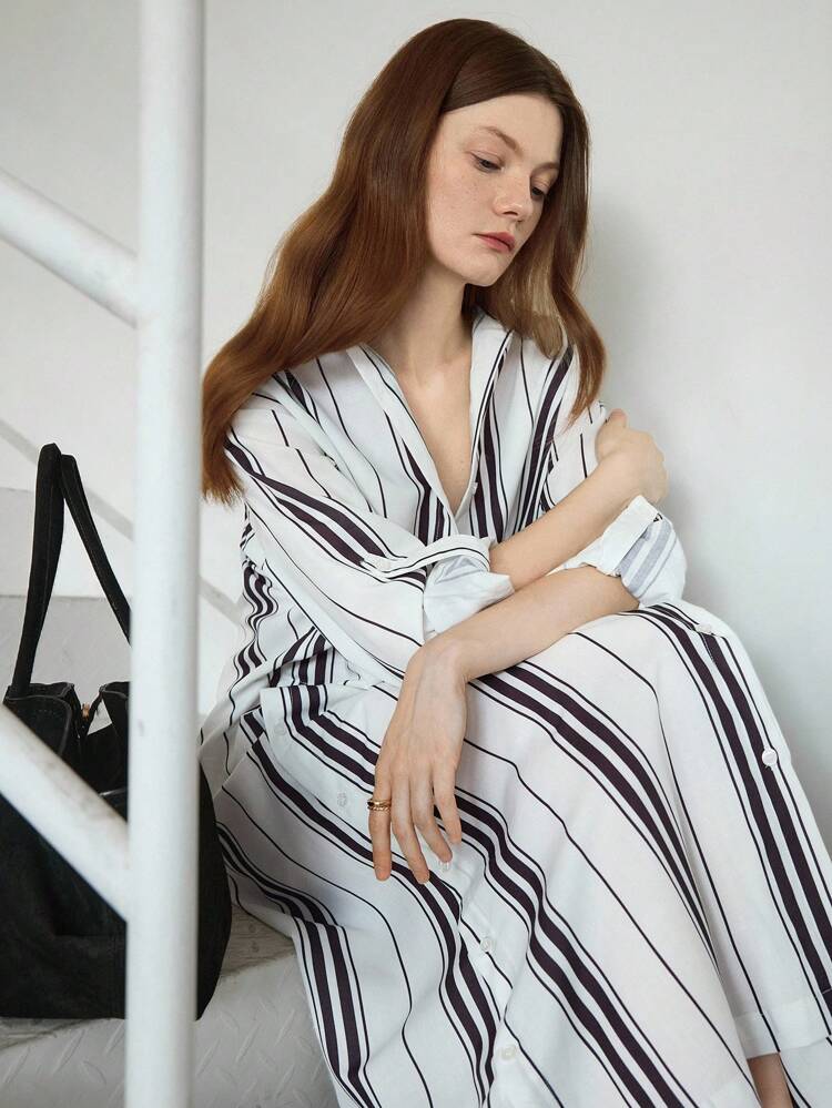 Long Sleeve Striped Loose Fit Midi Dress, Casual/Business Formal Wear For Women, Spring/Summer/Autumn