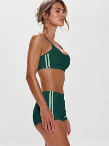 Musera Sport Spaghetti Strap Striped Side Cropped Cami Top Active Workout Gympadel, Tennis, Pickleball Fitness - Dark Green - View 2