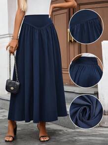 Chiquease Saia Longa Elegante Cintura Alta Modelo A-Line, Design de Saia Bufante para Mulheres, Novo Lançamento de Verão - Azul Marinho - Visão 1