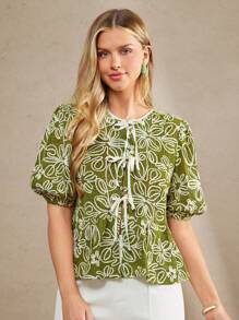 Amorya 女士前系带泡泡袖可爱刺绣度假优雅衬衫，适合情人节、返校季、女教师等场合穿着。 - 綠色 - 查看 7