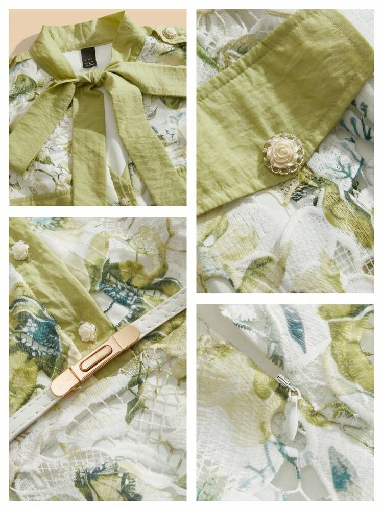 Monet Garden Dress, New Summer Women's Bowknot Waist Soluble Embroidery Island Print Elegant Green Sleeveless A-Line Dress