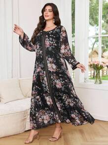 Al Najma Plus Size Women  Arab Style Floral Print Patchwork Elegant Casual Dress - Black - View 3