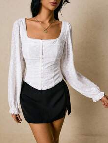 Poéselle Áo nữ dệt kim jacquard, cài móc vai, tay dài, màu trắng, kiểu dáng dễ thương, phù hợp đi làm, màu trơn, khoét eo, ôm sát, cổ vuông, màu trắng, phong cách Fairycore, mùa thu đông, công sở. - trắng - Xem 6