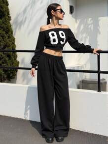 Teen Girl Number Print Off-Shoulder Long Sleeve Sweatshirt And Sweatpants Casual Suit - Black - View 8
