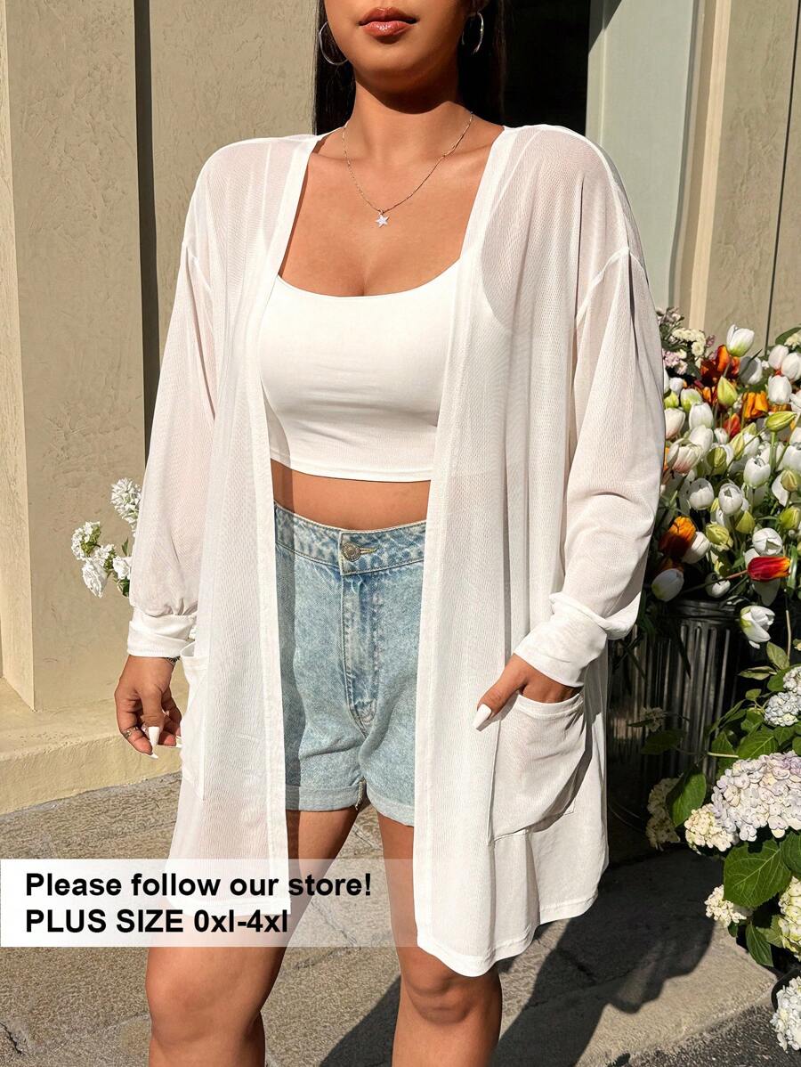 SHEIN EZwear Plus Size Semi-Sheer Mid-Length Coat - White - View 1