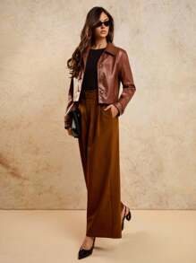COSMINA Áo khoác da PU cổ bẻ cài nút phía trước giản dị cổ điển cho nữ - Màu Khaki - Xem 6
