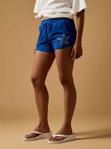 MISSGUIDED Summer Jersey Star Print Beach Sport Hot Pants Drawstring Elastic Waist Swimming Pool Leisure Mini Comfort Loungewear Holiday Vacation