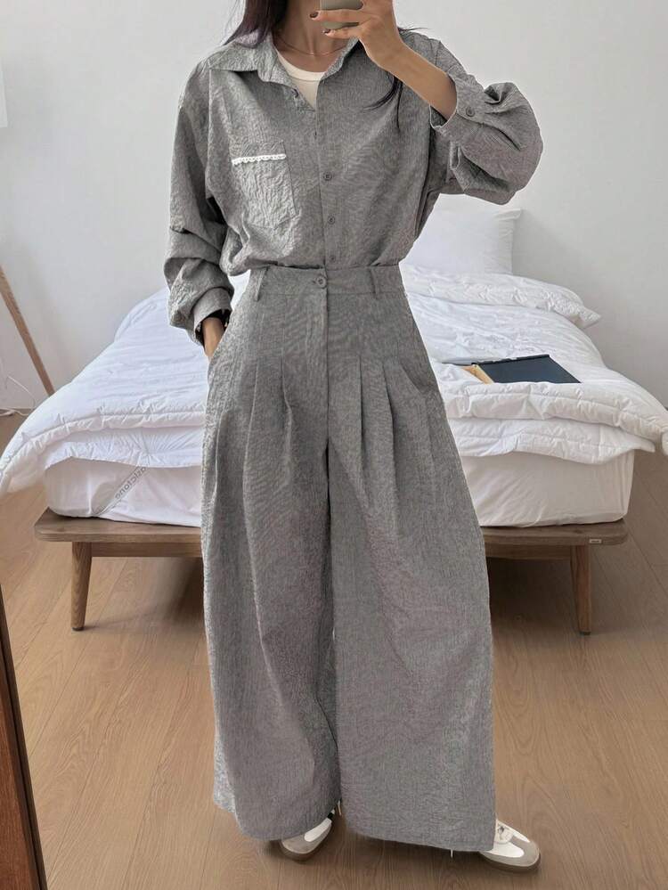 2pcs/Set Women Textured Lace Pocket Splice Loose Long Sleeve Shirt And Loose Pants Casual Urban Streetwear