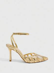 CUCCOO SZL Women's Metallic Gold PU & Mesh Panel Strap Ankle Strap Pointed Toe Backless Fashion Sexy French Style Party Date Pumps