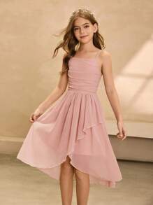 Đầm dự tiệc dài vừa phải hở vai dây mảnh màu hồng sang trọng thanh lịch dành cho bé gái tuổi mới lớn, thích hợp cho tiệc sinh nhật, đám cưới, vũ hội, tiệc chiêu đãi, biểu diễn, phù dâu và kỳ nghỉ - Hồng - Xem 4