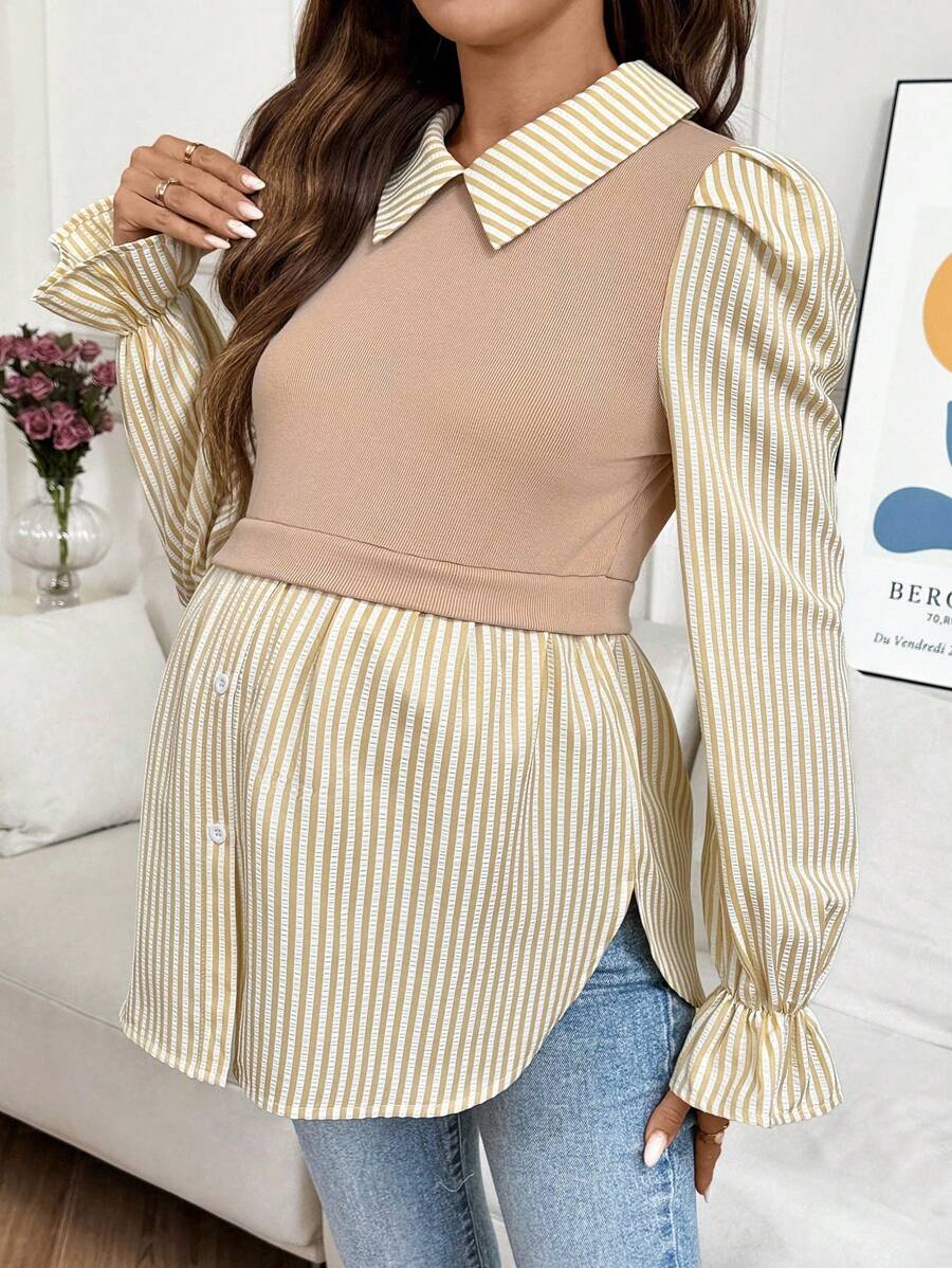 SHEIN 孕妇条纹印花二合一长袖休闲衬衫 - 卡其色 - 查看 1
