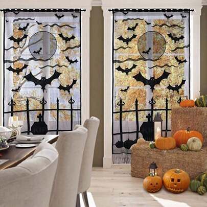 ROMWE Goth 1pc Halloween Imp Door Curtain Halloween Bat Door Curtain Black Lace Ghost Festival Tassel Curtain Door Curtain Holiday Gifts,Home Decor,Holiday Decorations