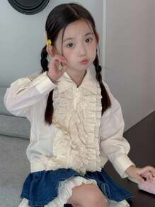 Dazy Kids 女童荷叶边宽松休闲长袖外套 - 杏色 - 查看 6