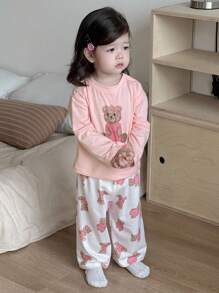 Dazy Kids Baby Girl Letter & Cartoon Bear Print Long Sleeve Top And Pants Pajamas,Toddler Fall Clothes - Baby Pink - View 5