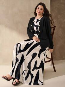 Gownix 大码女式两件套：纯色长袖双排扣夹克和图案无袖连衣裙，优雅 - 玫紅色 - 查看 6
