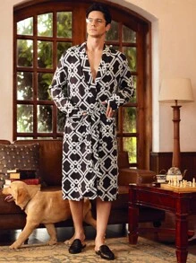 EverLounge Men's Geometric Print Shawl Collar Long Sleeve Elegant Bathrobe - Black - View 5